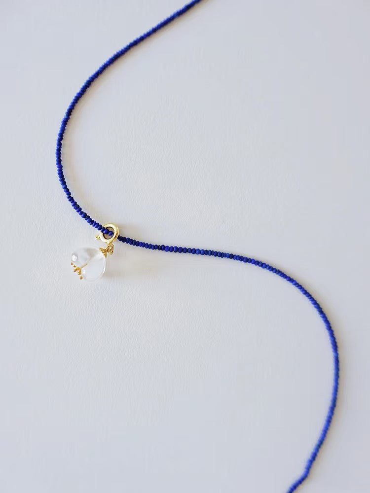 1.5mm lapizlazuli necklace, flower shape clean quartz pendant.