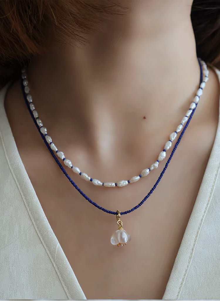1.5mm lapizlazuli necklace, flower shape clean quartz pendant. pearl necklace