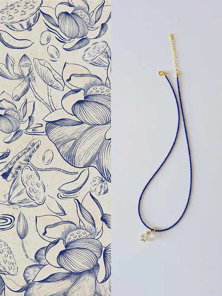 1.5mm lapizlazuli necklace, flower shape clean quartz pendant.