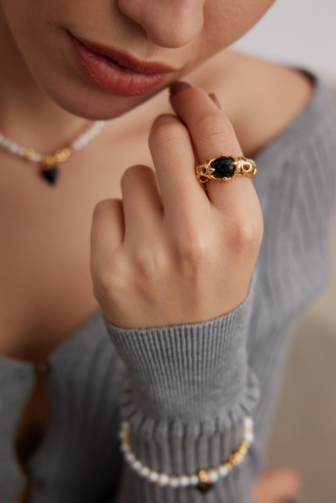 Adjustable Black Agate Ring