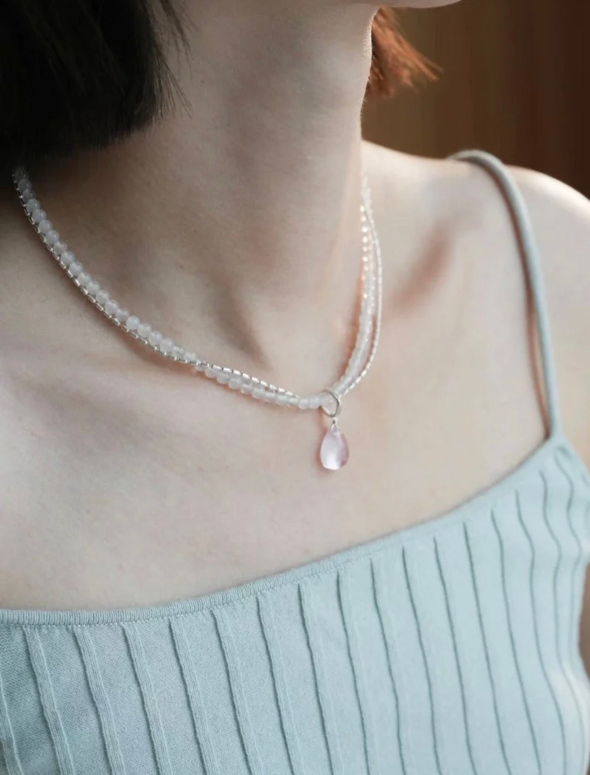 pink rose quartz layer necklace