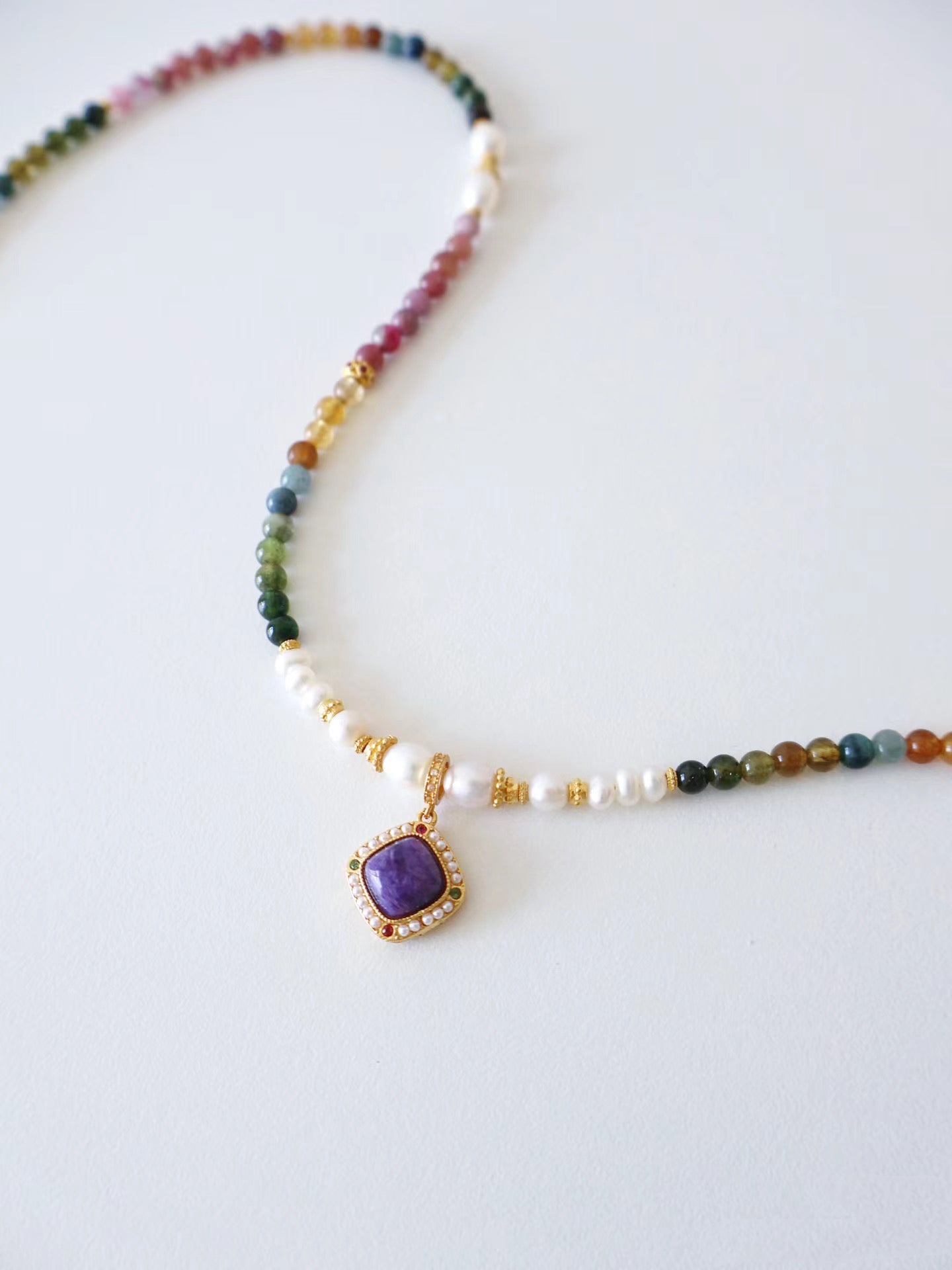 Tourmaline, Natural pearl, strengite oendant. handmade necklace jewelry