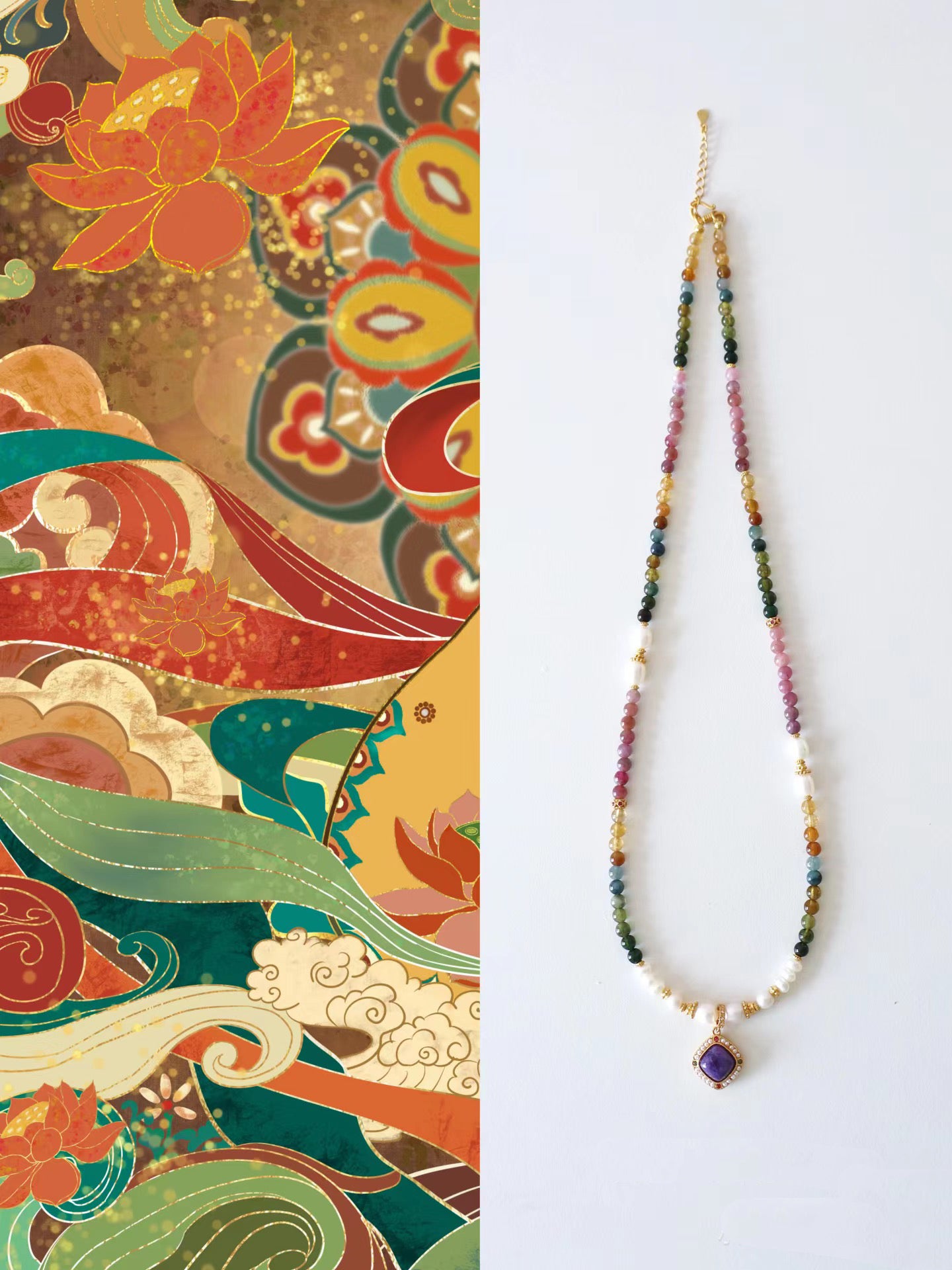 Tourmaline, Natural pearl, strengite oendant. handmade necklace jewelry