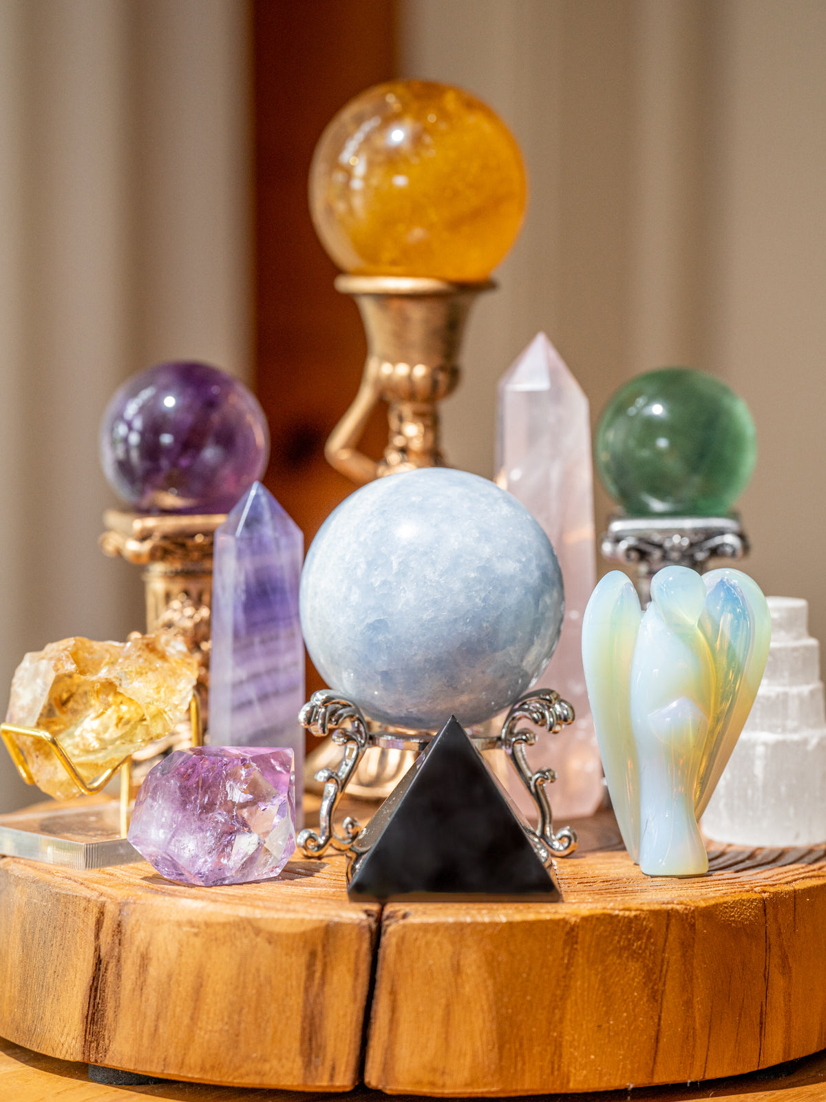 flourite, amethyst, citrine, selenite, obisdian, rose quartz, trapiche amethyst, celestite