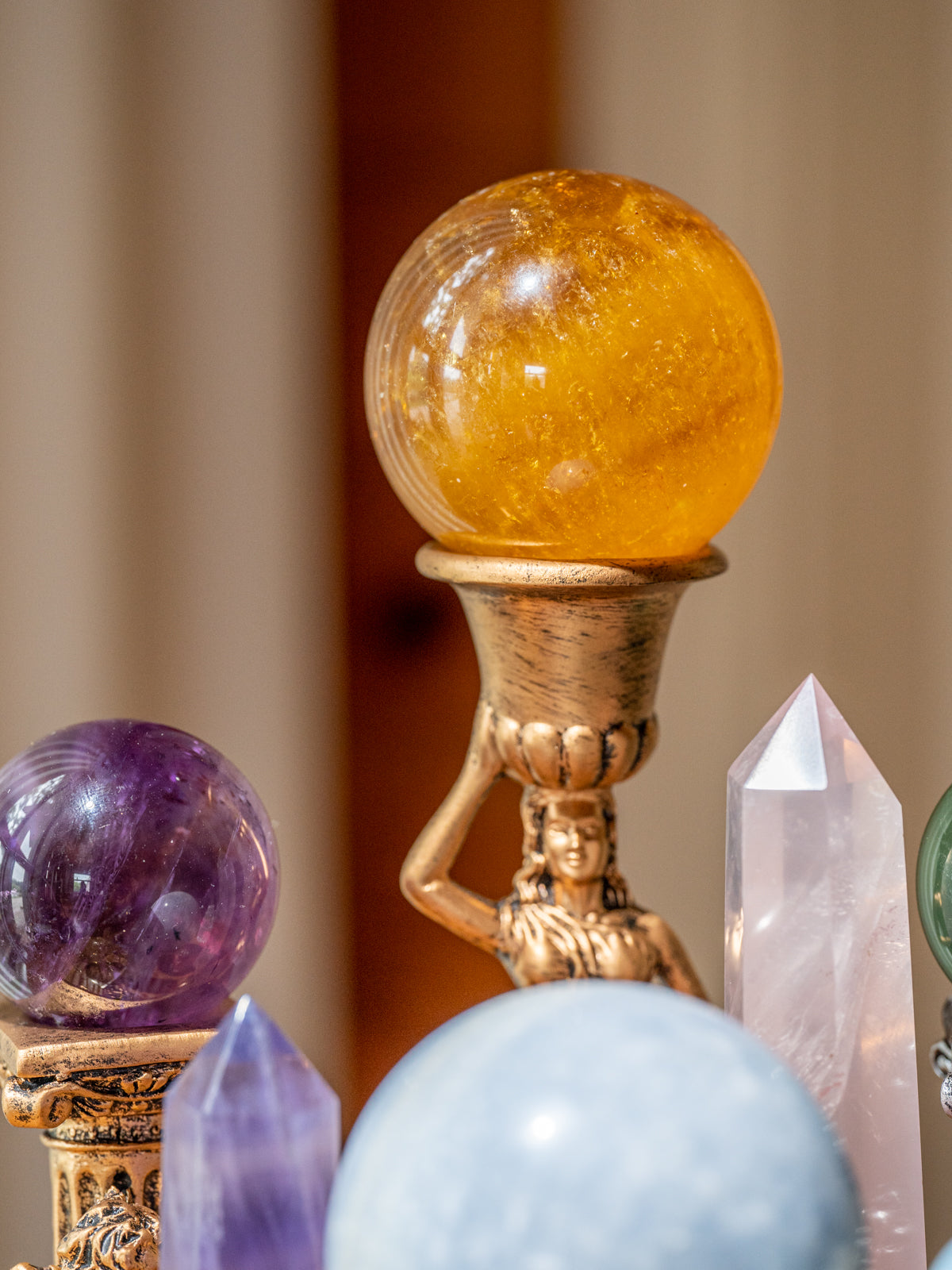 flourite, amethyst, selenite, rose quartz, , celestite , crystal array
