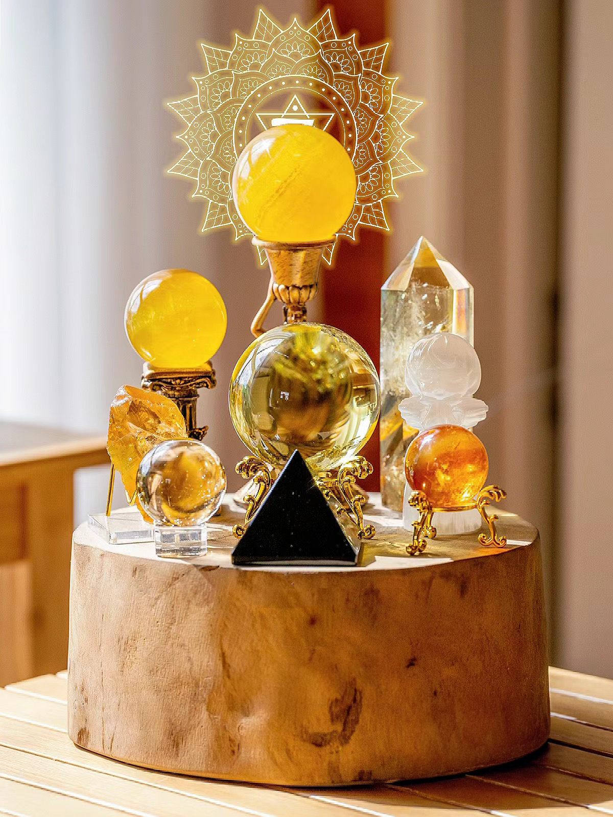 citrine, fluorite, clear quartz, obsidian, golden healer, crystal sphere, selenite, crystal homedeco