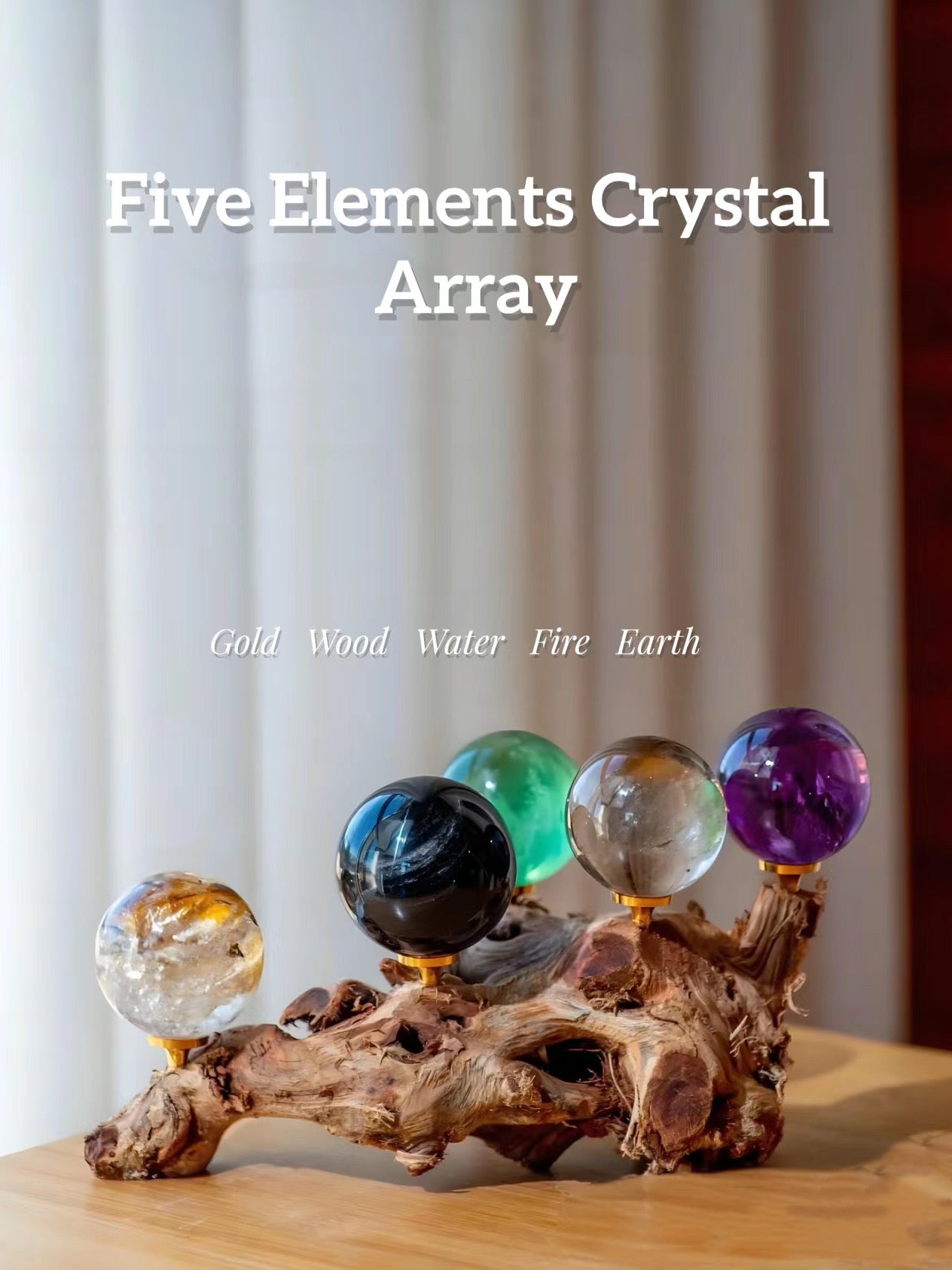 Green Fluorite, Red Quartz, Amethyst, golden healer, Obsidian, wooden pole, smoky quartz