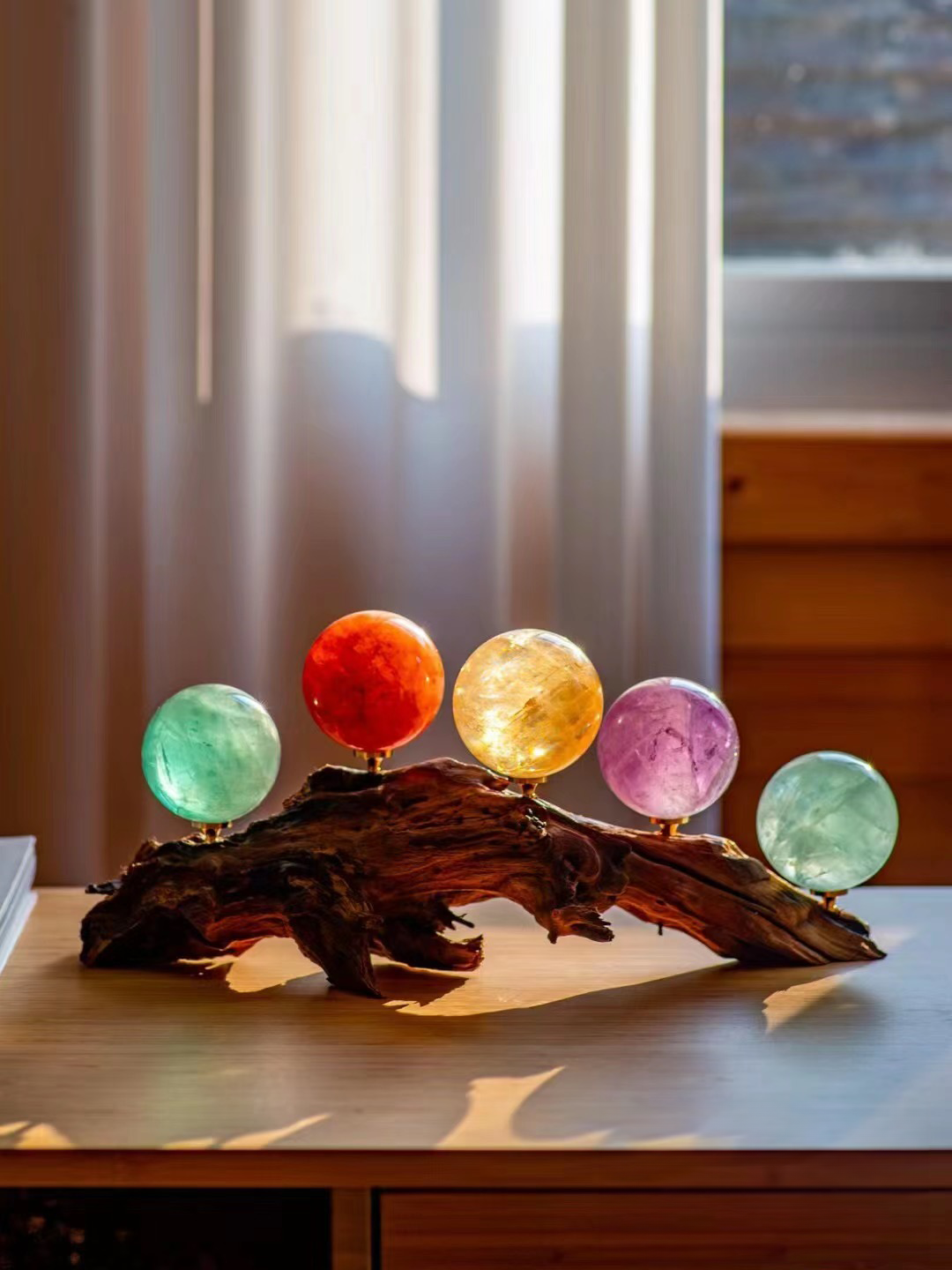 Amethyst, Flourite, rutilited quartz, citrine, crystal sphere, wooden display homedeco