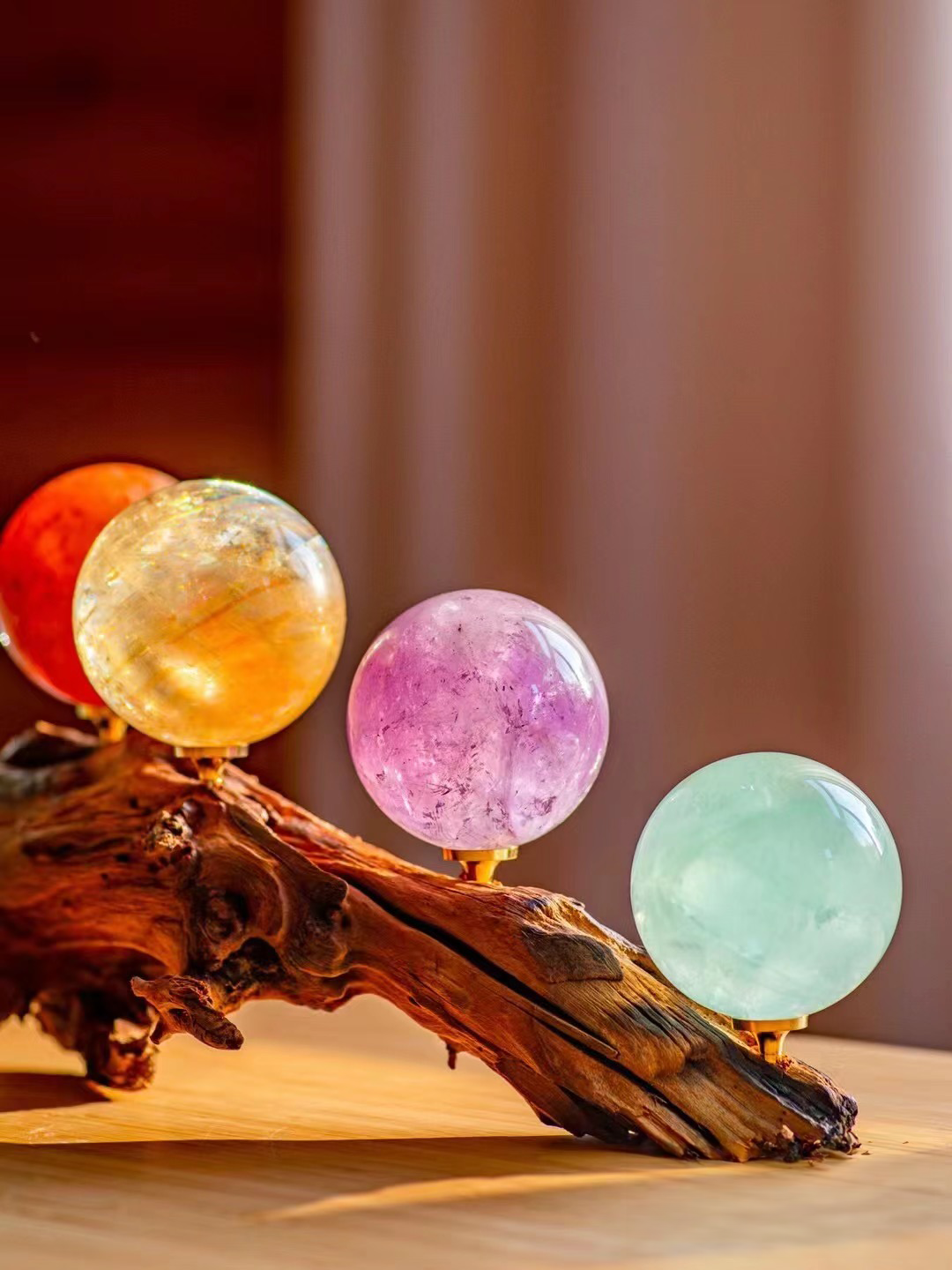 Amethyst, rutilited quartz, citrine, crystal sphere, wooden display homedeco