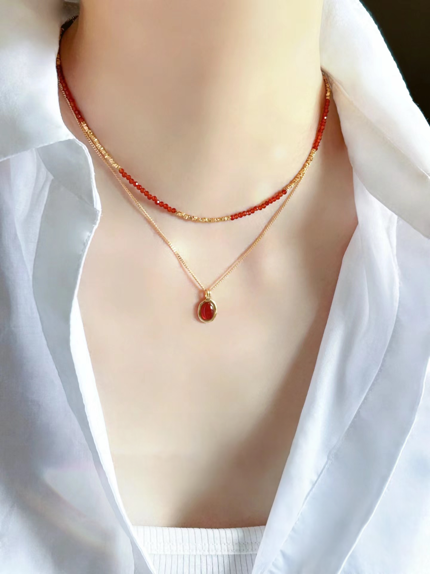 Red agate, 22K gold plating,925ssterling silver, model show