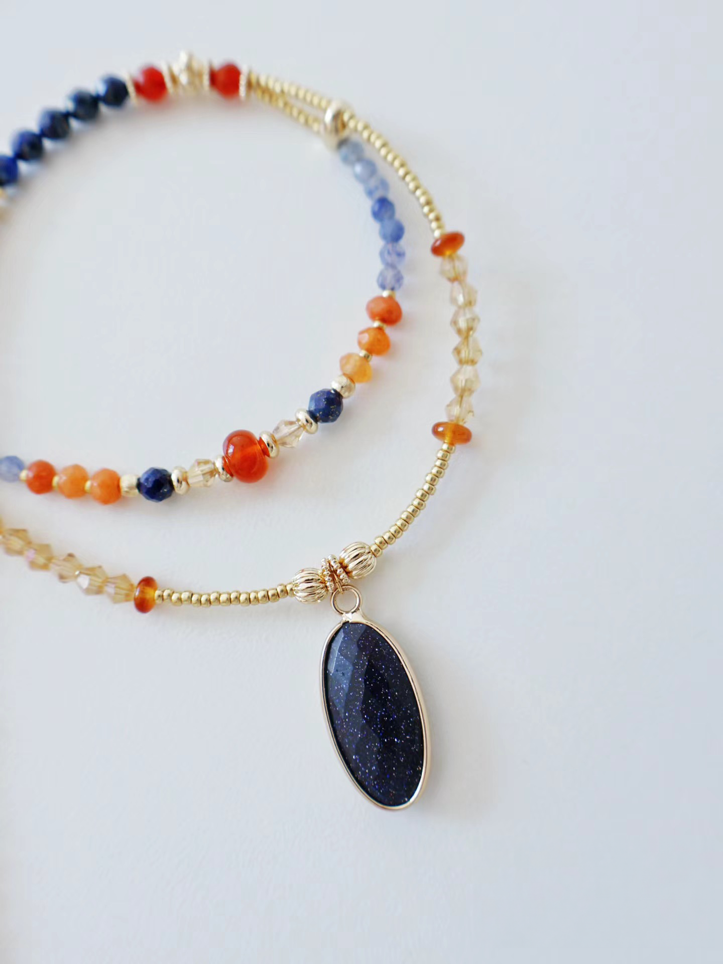 Lapis Lazuli, Blue sandstone, red agate, Kyanite, Gold vermeil on silver, Cat's eye, Bead for women