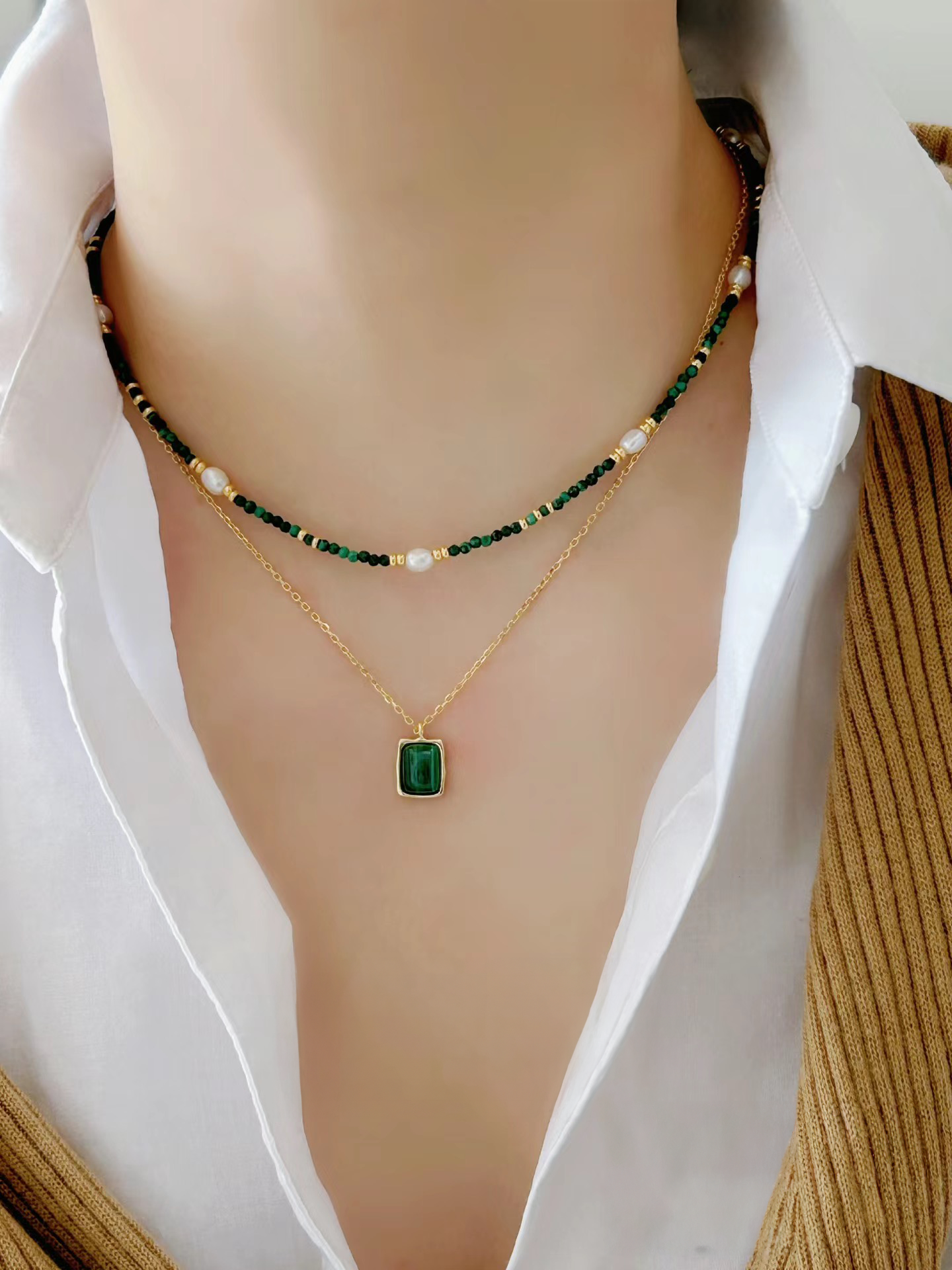 Verdant Luster Malachite Pearl Necklace